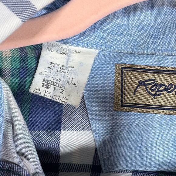 Roper Button Down Mens Medium 15.5 Short Sleeve Blue Green Plaid Shirt - Picture 4 of 7